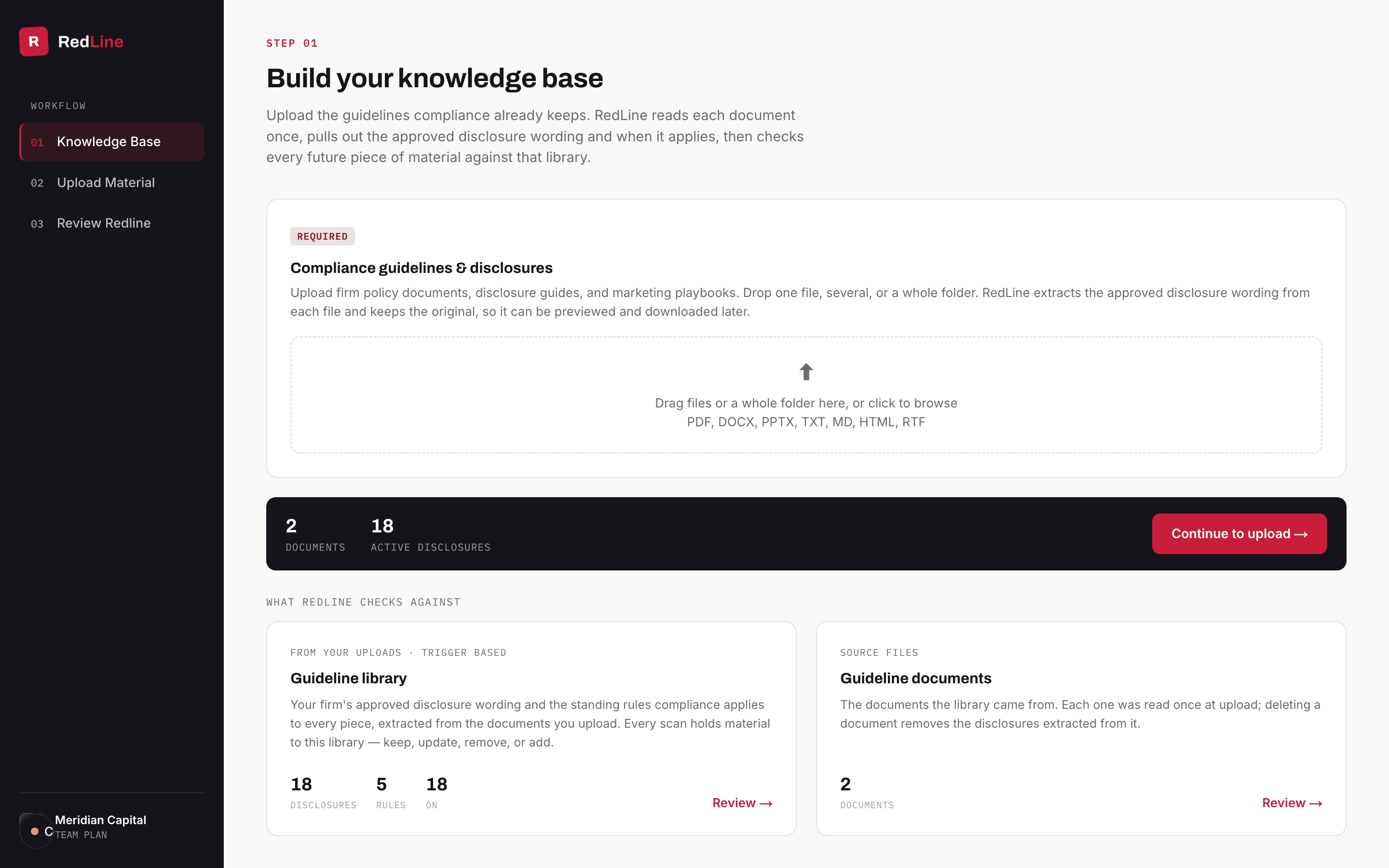 The knowledge base screen: a guideline library of 18 disclosures and 5 rules extracted from 2 uploaded firm documents.