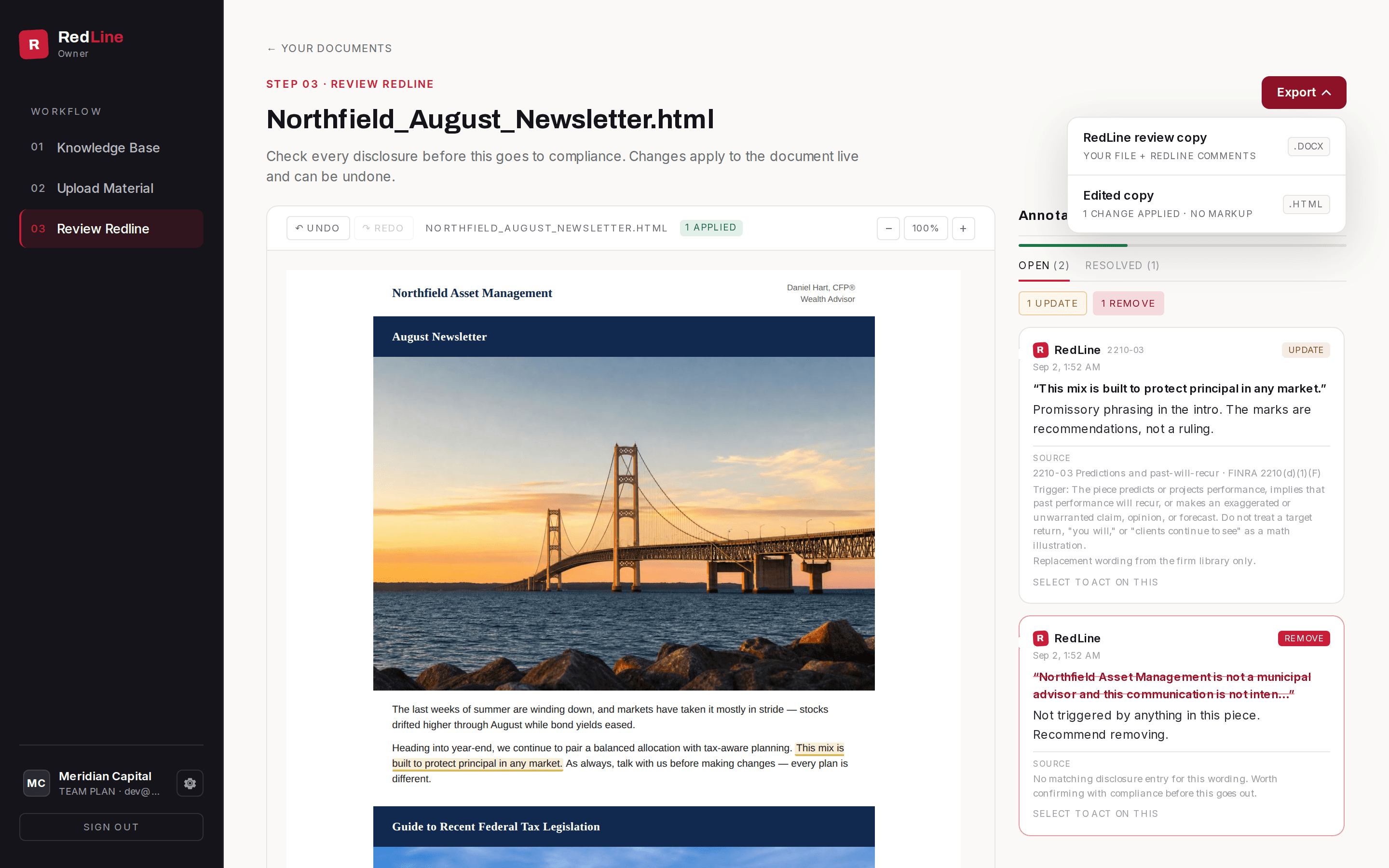 The review screen with the Export menu open on a client newsletter, showing RedLine review copy and edited copy download options beside recommended annotations and the annotation rail.